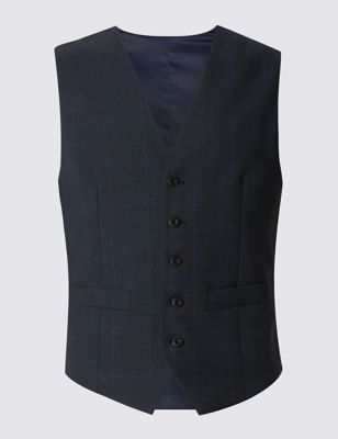 Navy Checked Tailored Fit 5 Button Waistcoat